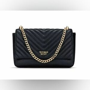 Victoria's Secret Pebbled Black V-quilt Street Shoulder Bag Chain Strap Purse
